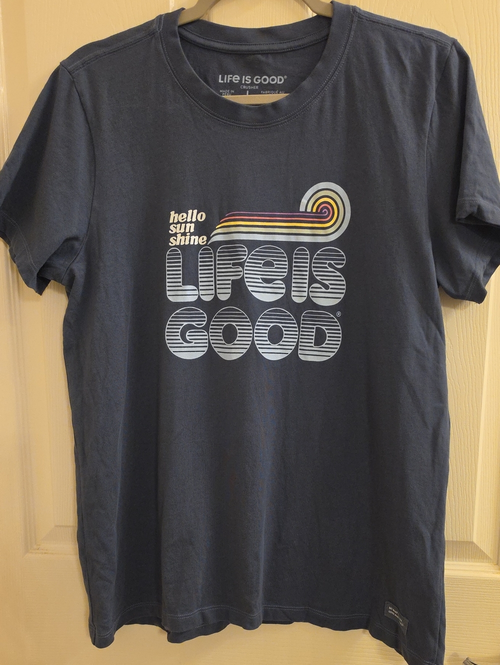 Life Is Good Navy Graphic Tee with Retro Stripe Accent